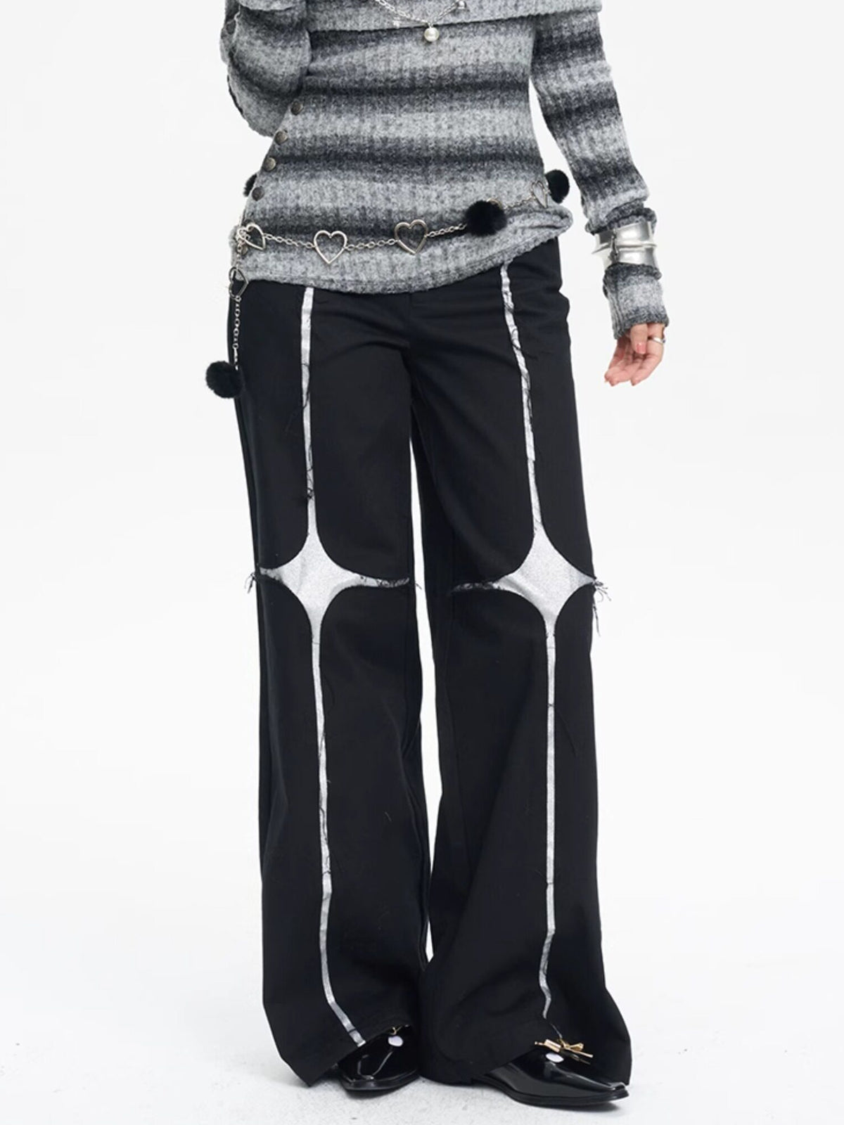 NEXT PASSPORT black silver-cross sequin wide-leg pants — alternate front close-up.