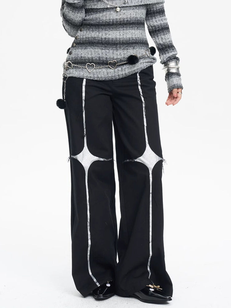 NEXT PASSPORT black silver-cross sequin wide-leg pants — alternate front close-up.