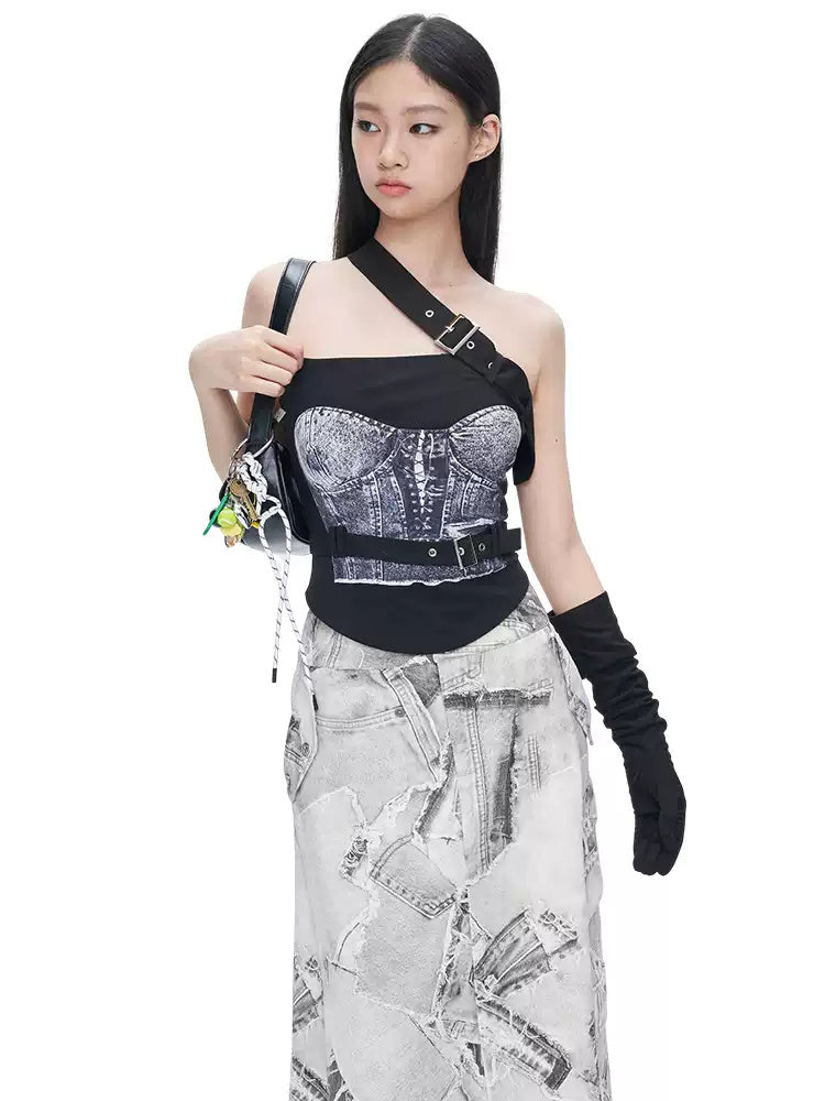 NEXT PASSPORT black-white denim-print maxi skirt — front waist and skirt view