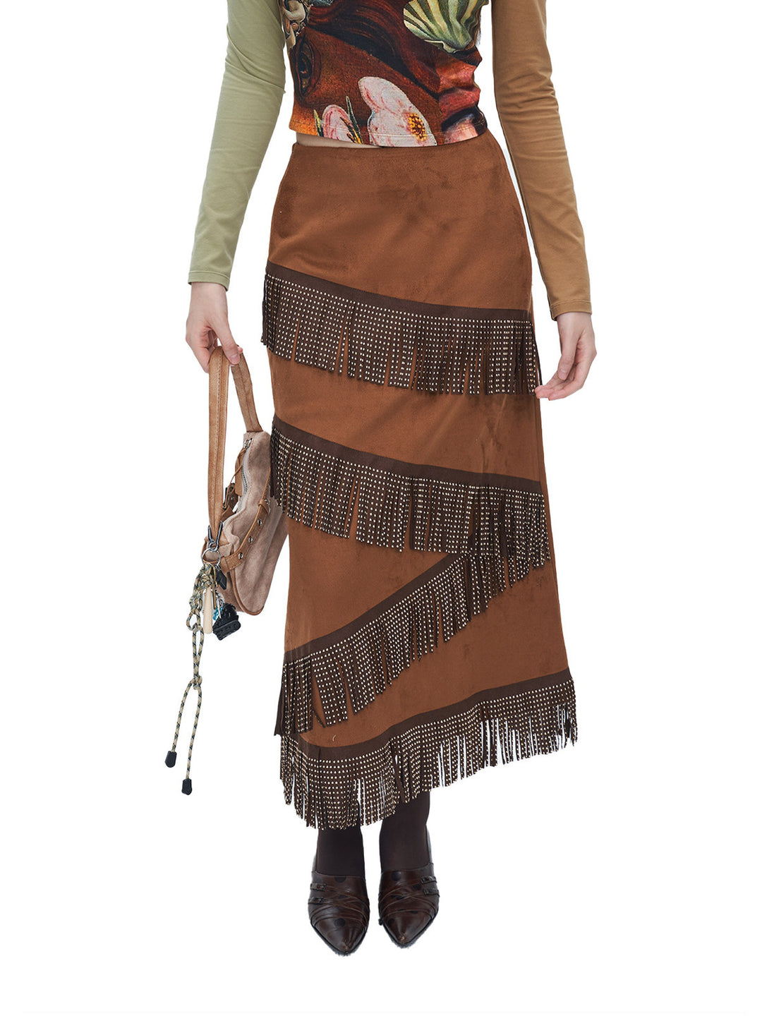 NEXT PASSPORT brown faux-suede fringe maxi skirt modeled front view