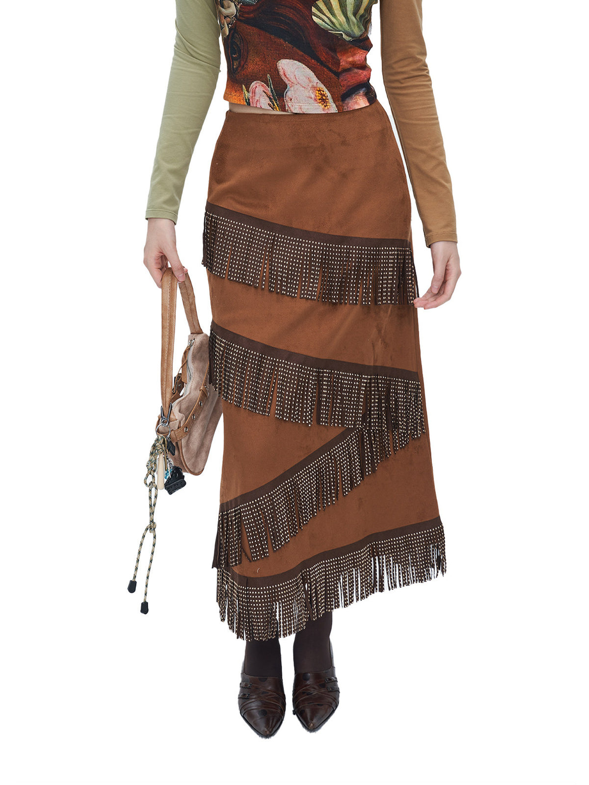 NEXT PASSPORT brown faux-suede fringe maxi skirt modeled front view