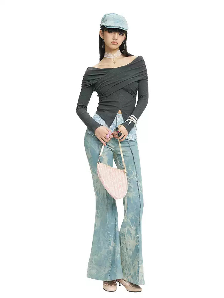 NEXT PASSPORT gray cross-pleated off-shoulder long-sleeve top full view