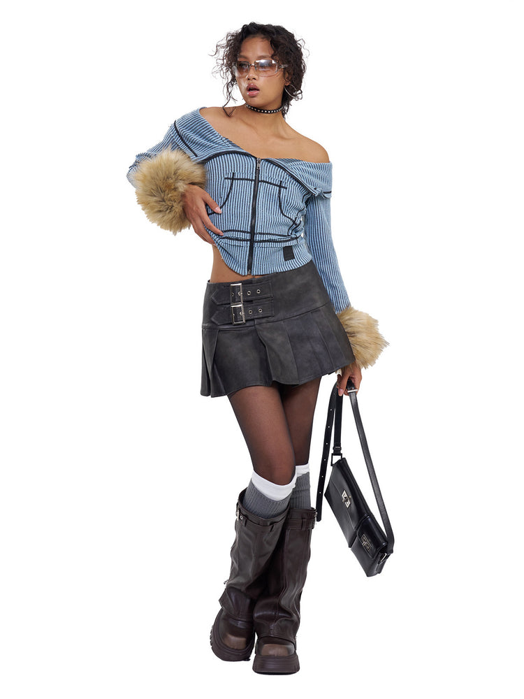 NEXT PASSPORT gray-brown double-belt pleated PU mini skirt, alternate full-body view