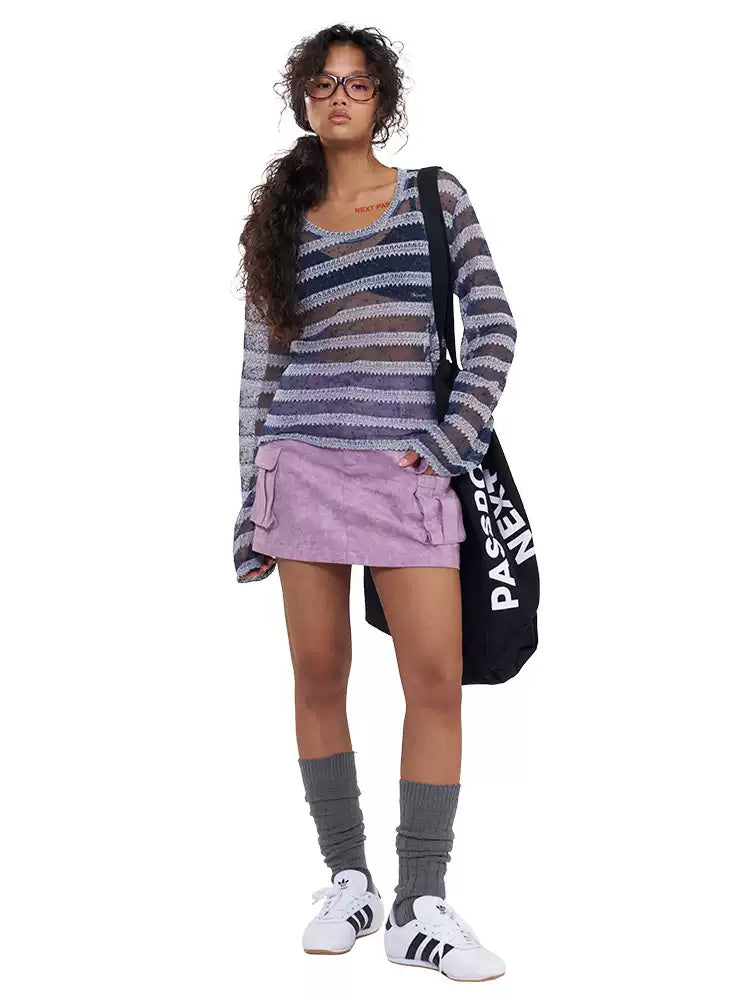 NEXT PASSPORT purple double-waist cargo-pocket mini skirt full front