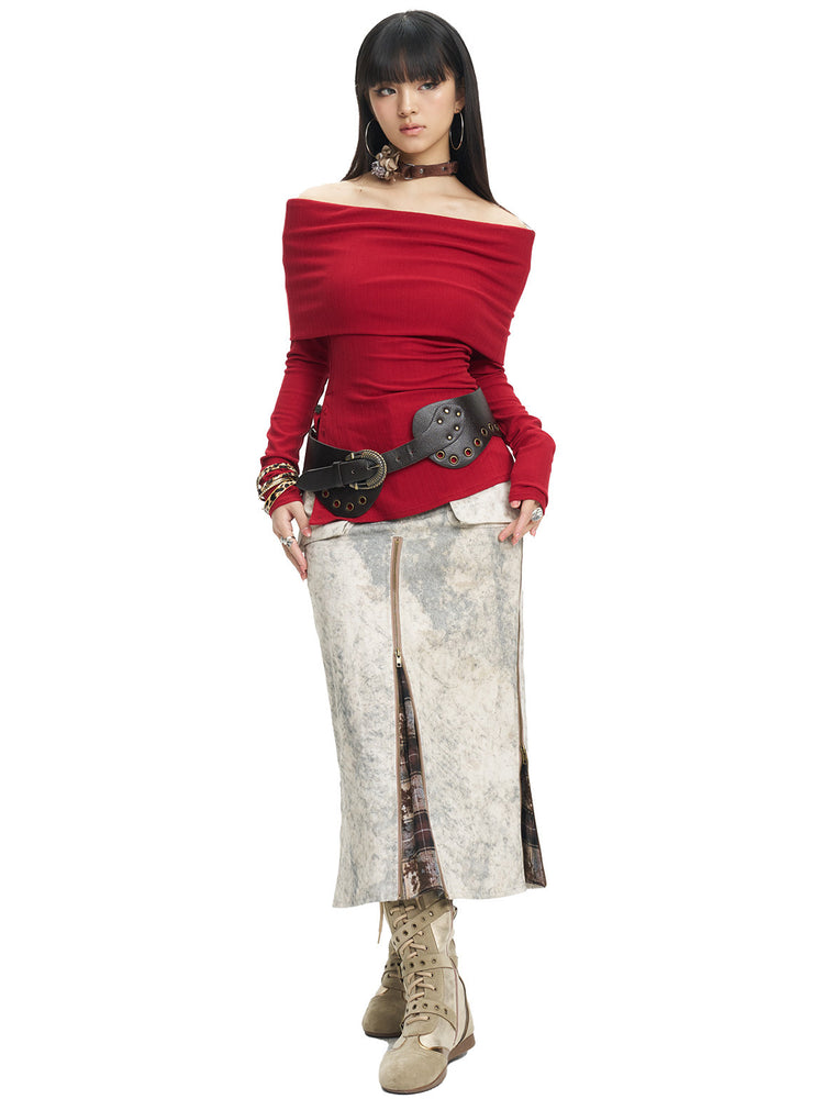 NEXT PASSPORT striped bardot side-slit fitted long-sleeve tee in RED, front full-body view