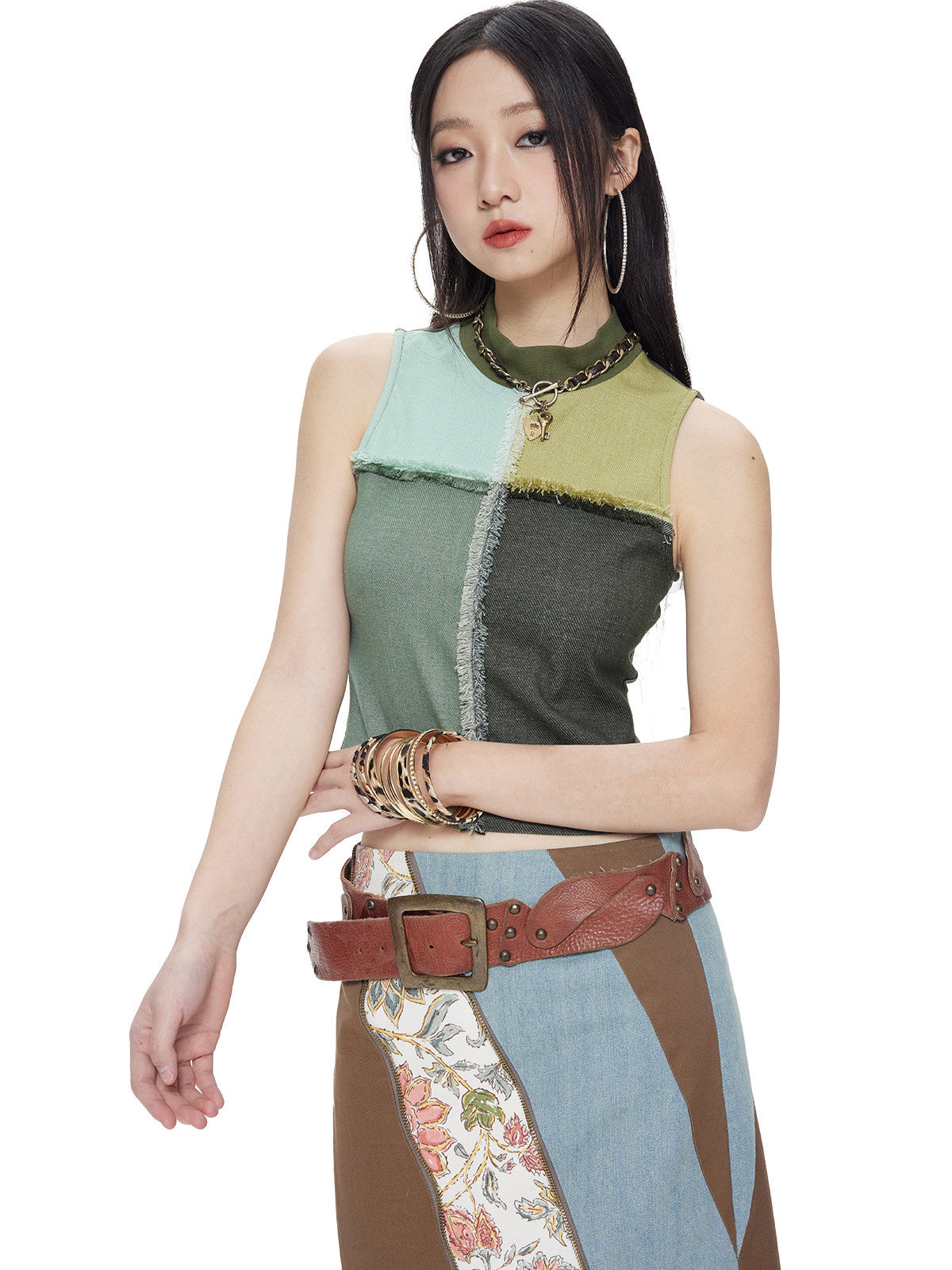 NEXT PASSPORT three-fabric patchwork maxi skirt waist and panel detail