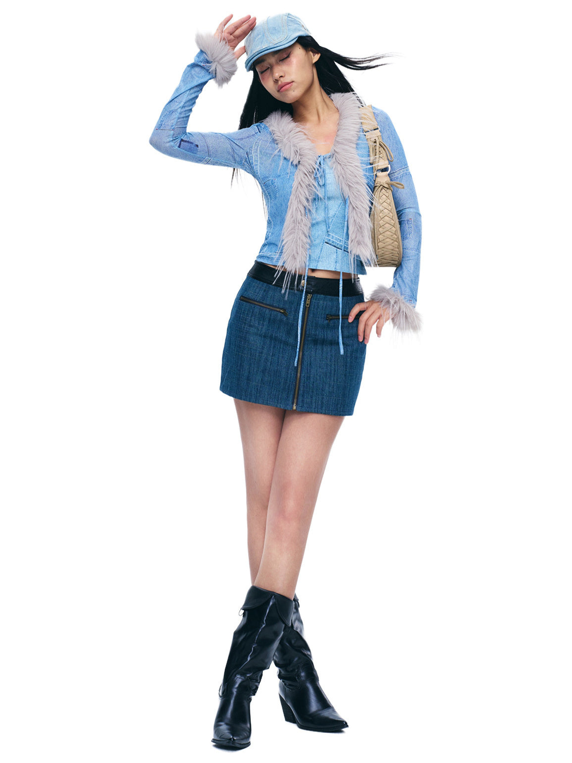 NEXT PASSPORT blue-denim faux-leather waist zip mini skirt with denim faux-fur cardigan.