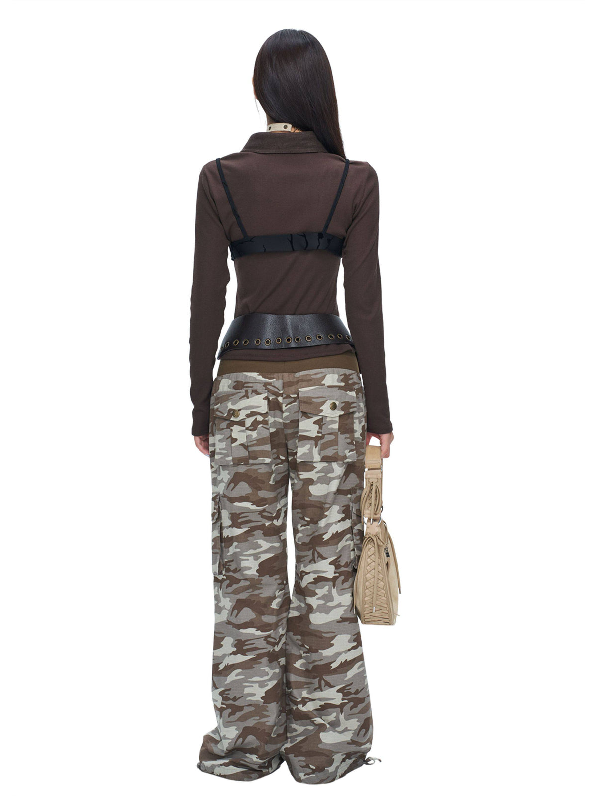 NEXT PASSPORT camouflage ribbed-waist flared pants — full-length rear studio view.