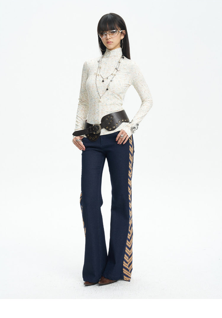 NEXT PASSPORT striped tie-panel flared pants in denim blue — three-quarter studio view.
