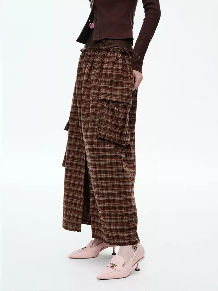 NEXT PASSPORT brown plaid faux-layered panel maxi skirt side view