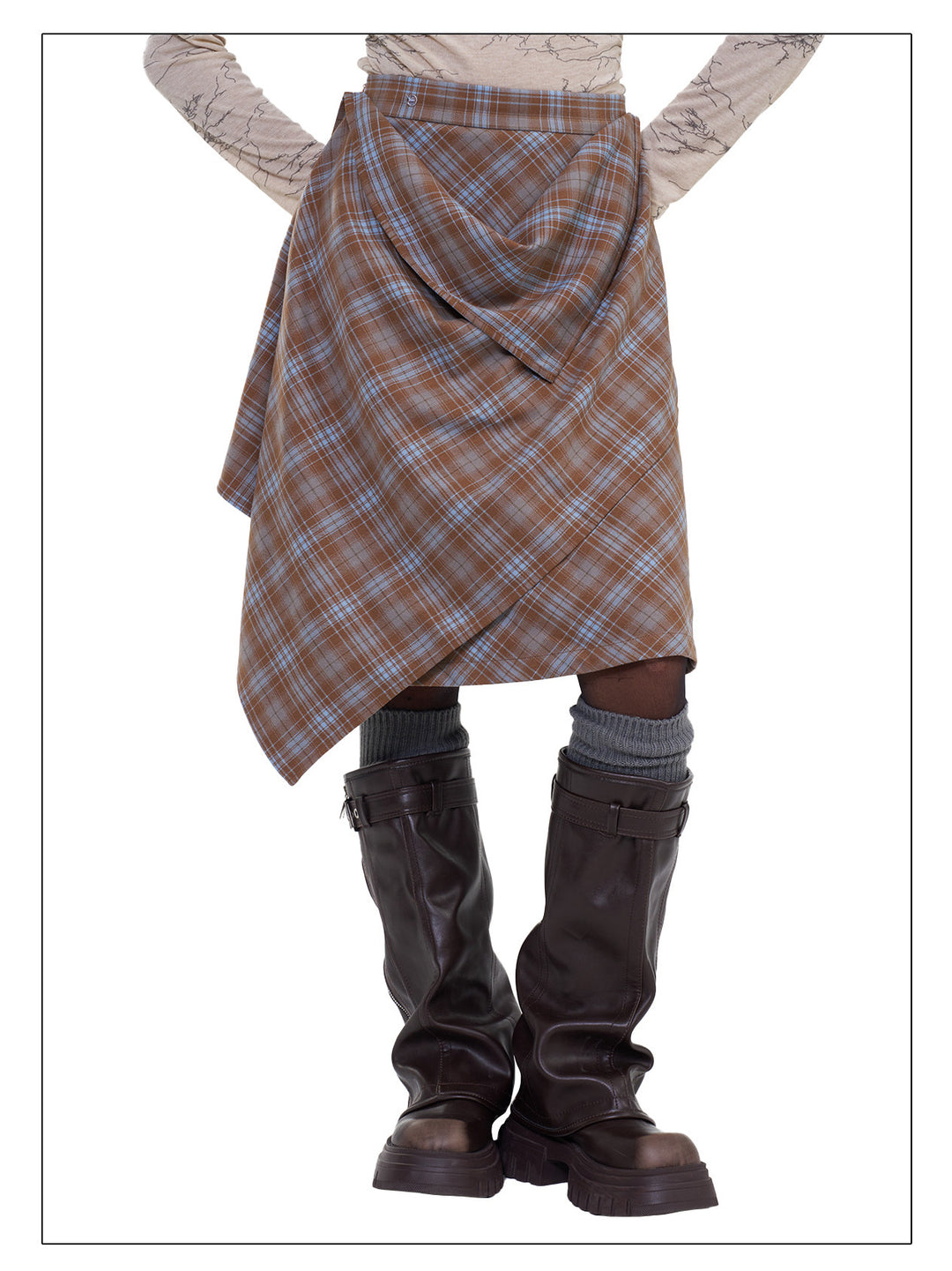 NEXT PASSPORT blue plaid wrap-panel midi skirt front view