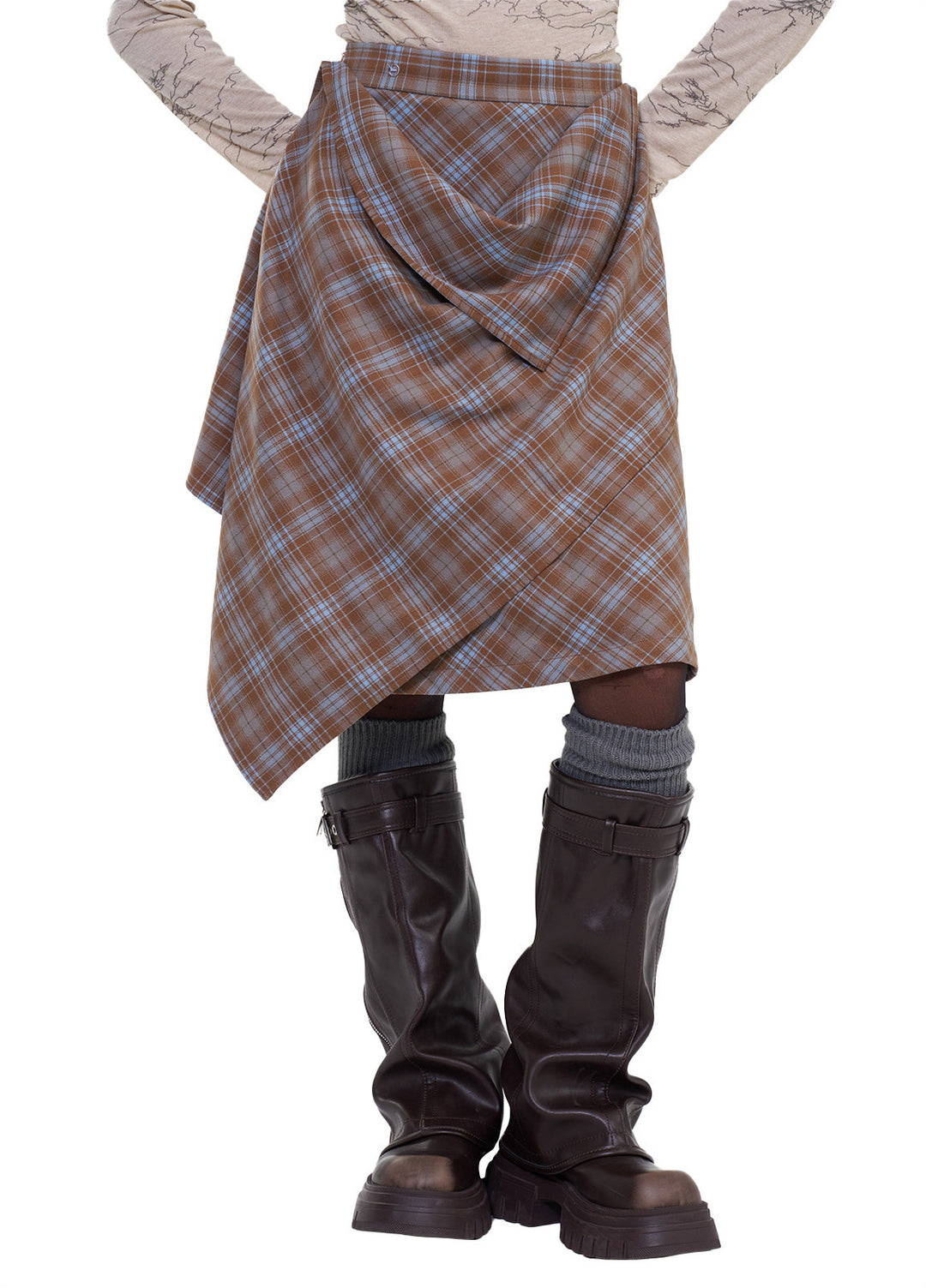 NEXT PASSPORT blue plaid wrap-panel midi skirt front view