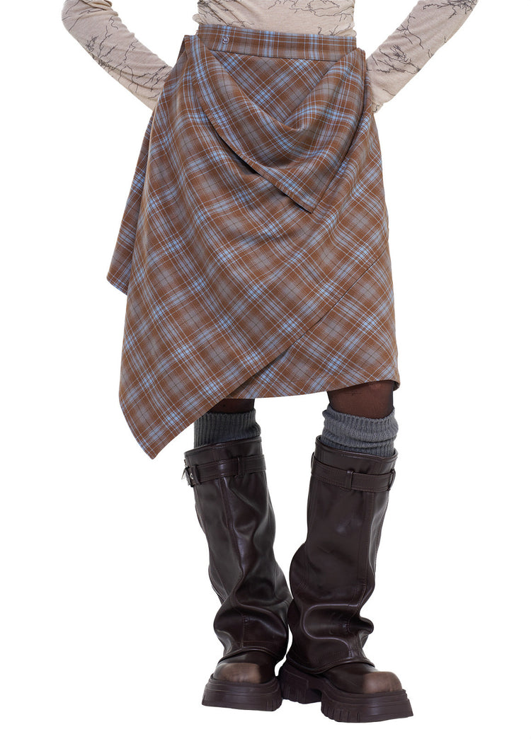 NEXT PASSPORT blue plaid wrap-panel midi skirt front view