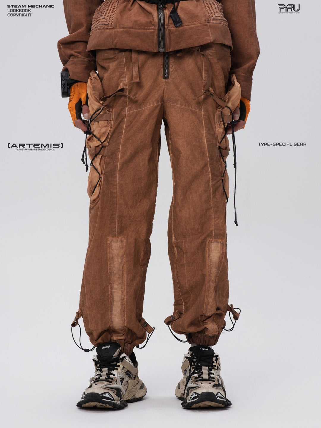 PIONEER cargo pants in Corona Orange, modeled front view with paneled construction