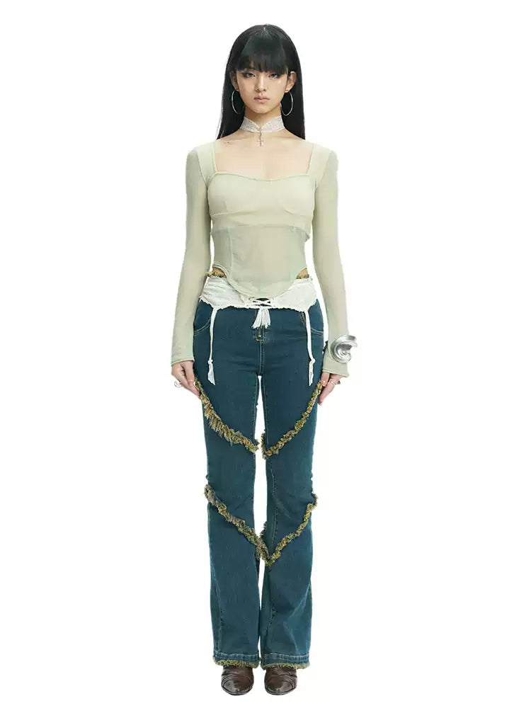 NEXT PASSPORT deep-blue frayed-hem slim flare jeans in denim blue — straight-on front modeled view on white.