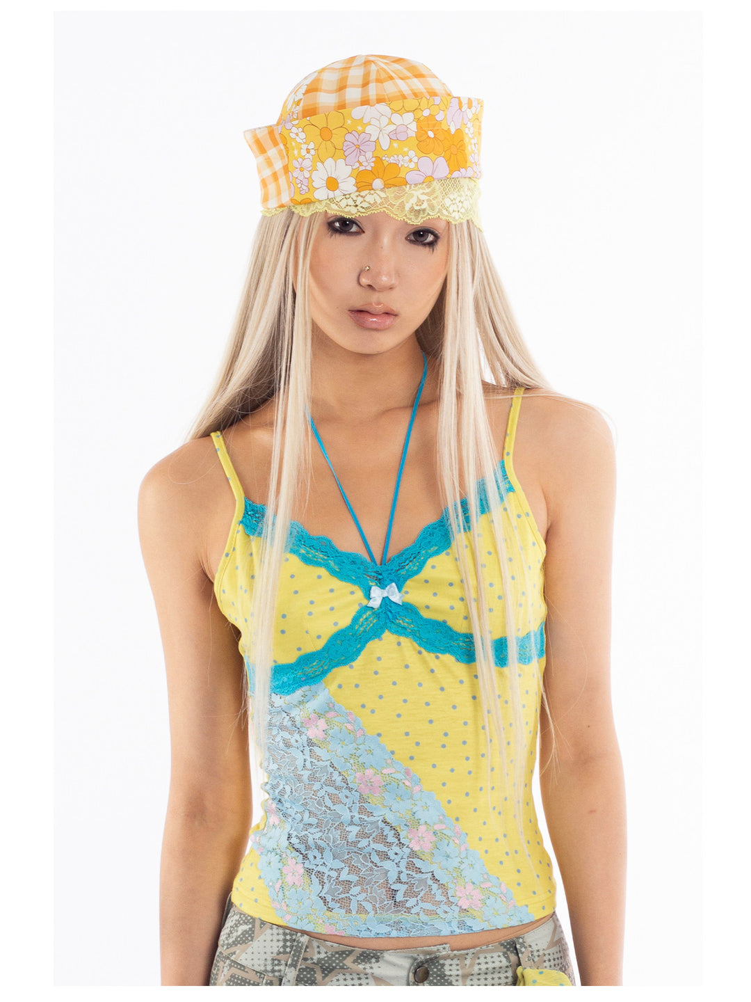 4RE1GN MYSTIC printed brimless hat — yellow floral and gingham print — front modeled view