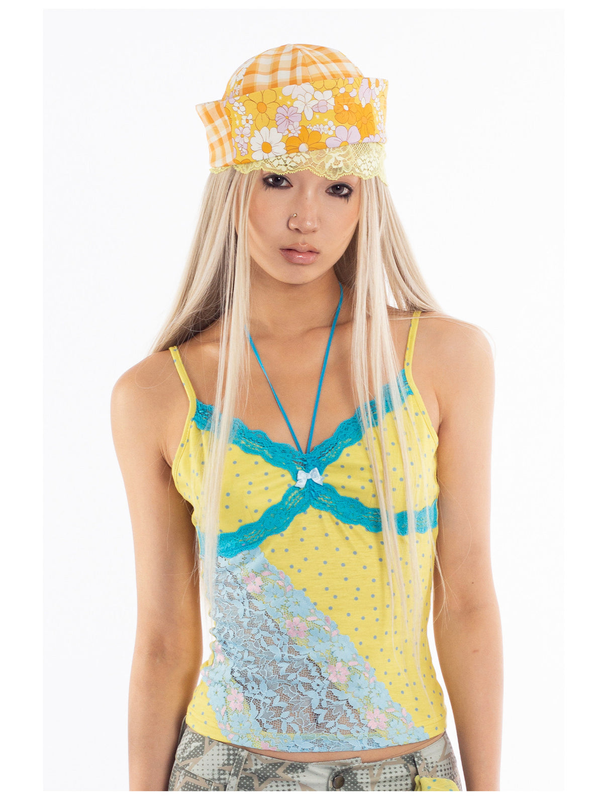 4RE1GN MYSTIC printed brimless hat — yellow floral and gingham print — front modeled view