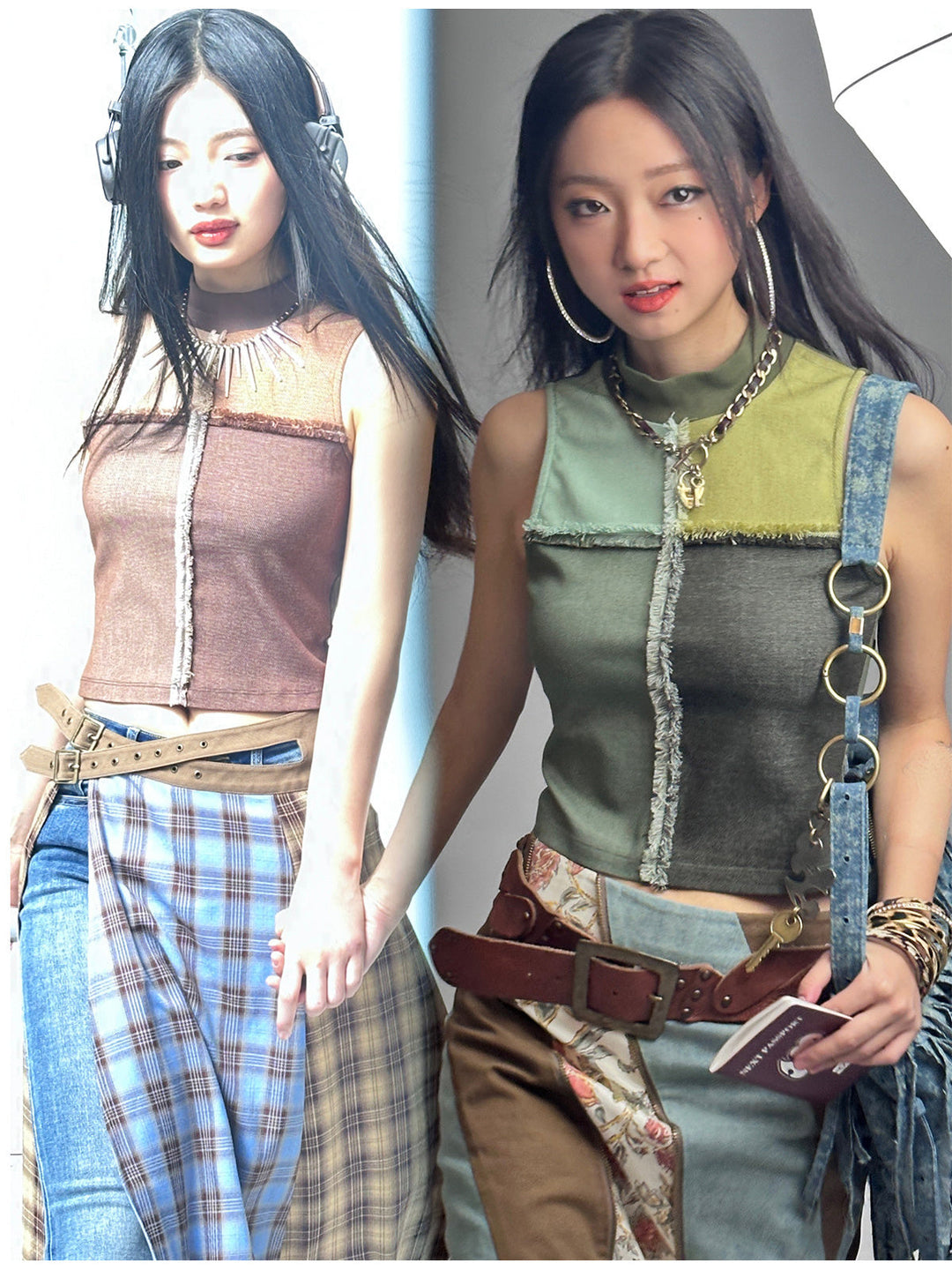 NEXT PASSPORT mesh-panel mock-neck vests in mocha brown and field green, paired studio styling view.