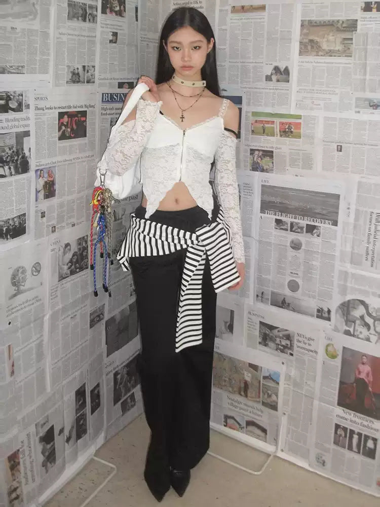 NEXT PASSPORT black striped wrap-panel flared pants styled full-length view