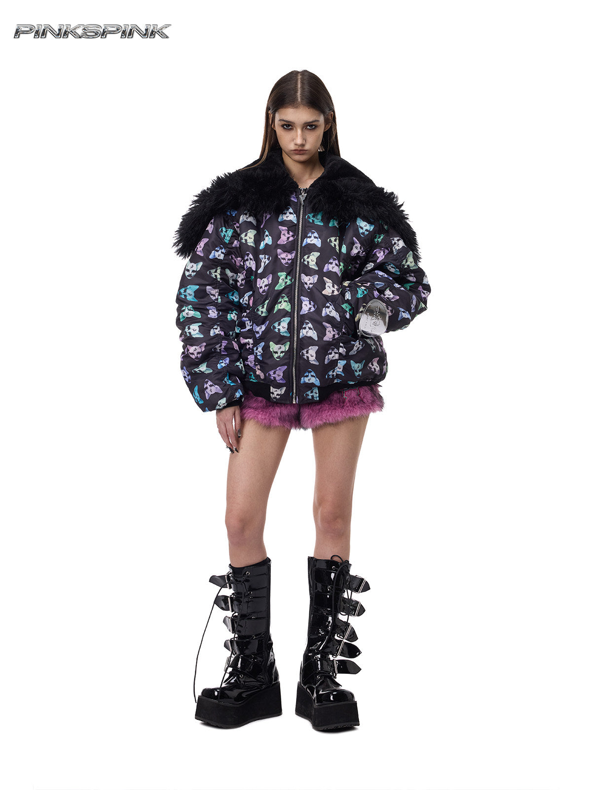 PINKSPINK CAT ALIEN faux-fur collar padded jacket — front full-length modeled view with the collar open and platform boots