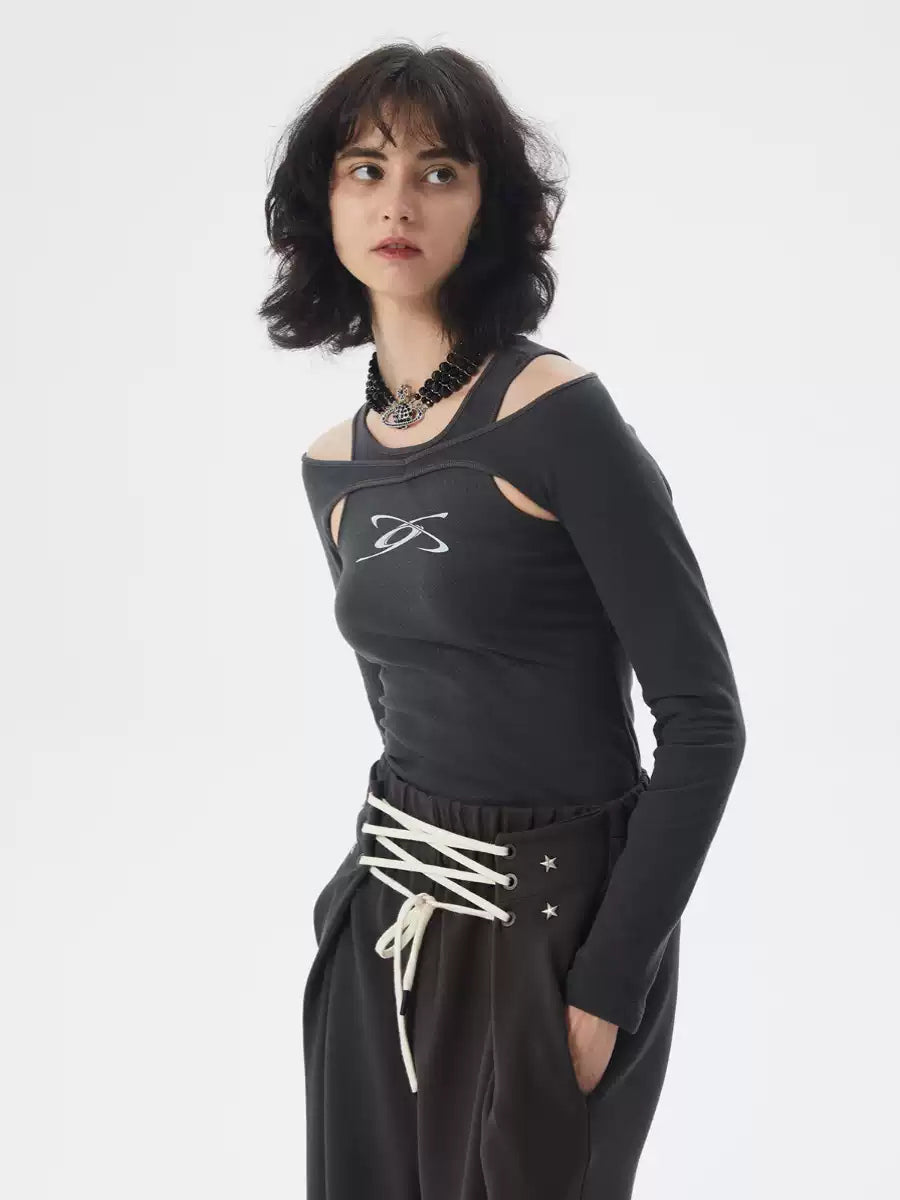 ERRORCODE ROBOT dark gray off-shoulder long-sleeve tee, angled front modeled view with chest logo
