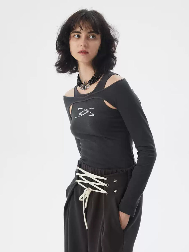 ERRORCODE ROBOT dark gray off-shoulder long-sleeve tee, angled front modeled view with chest logo