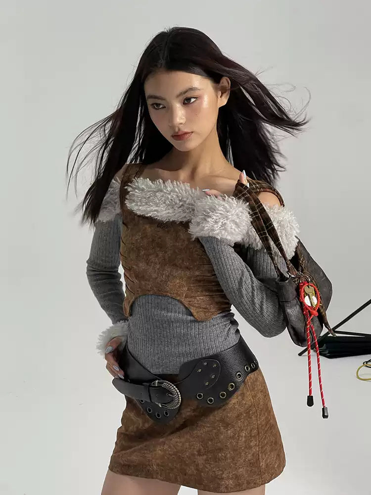 NEXT PASSPORT wasteland-brown shark-pleat vest and mini skirt — full-length front modeled view