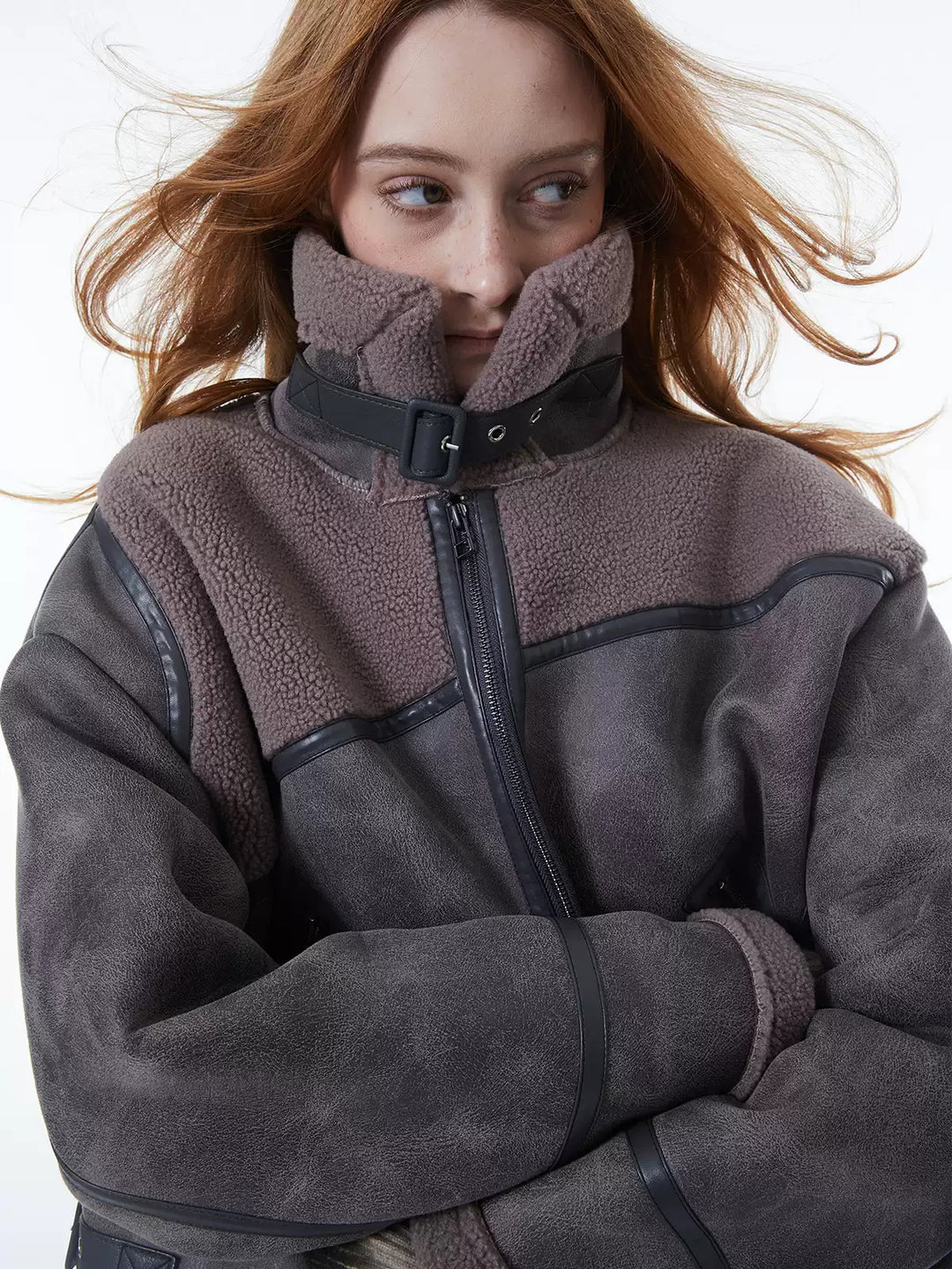 ERRORCODE ROBOT gray-purple paneled faux-shearling jacket, zipped high-collar front close-up
