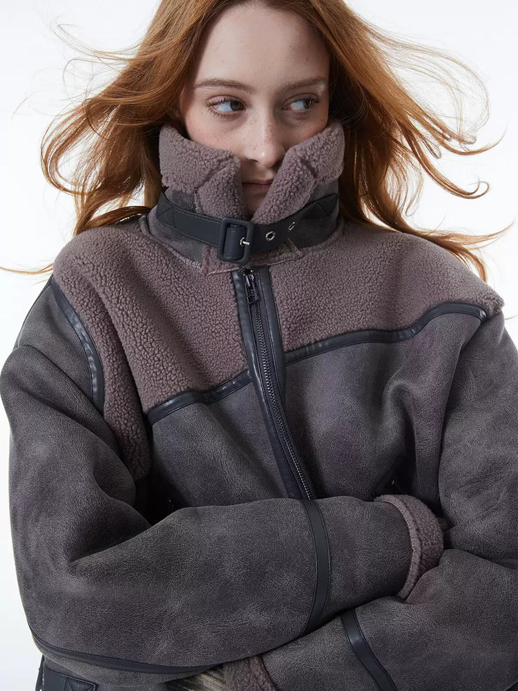 ERRORCODE ROBOT gray-purple paneled faux-shearling jacket, zipped high-collar front close-up