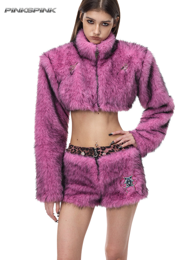 PINKSPINK PINK LEOPARD detachable faux-fur mini skirt — front modeled view with the pink faux-fur layer attached