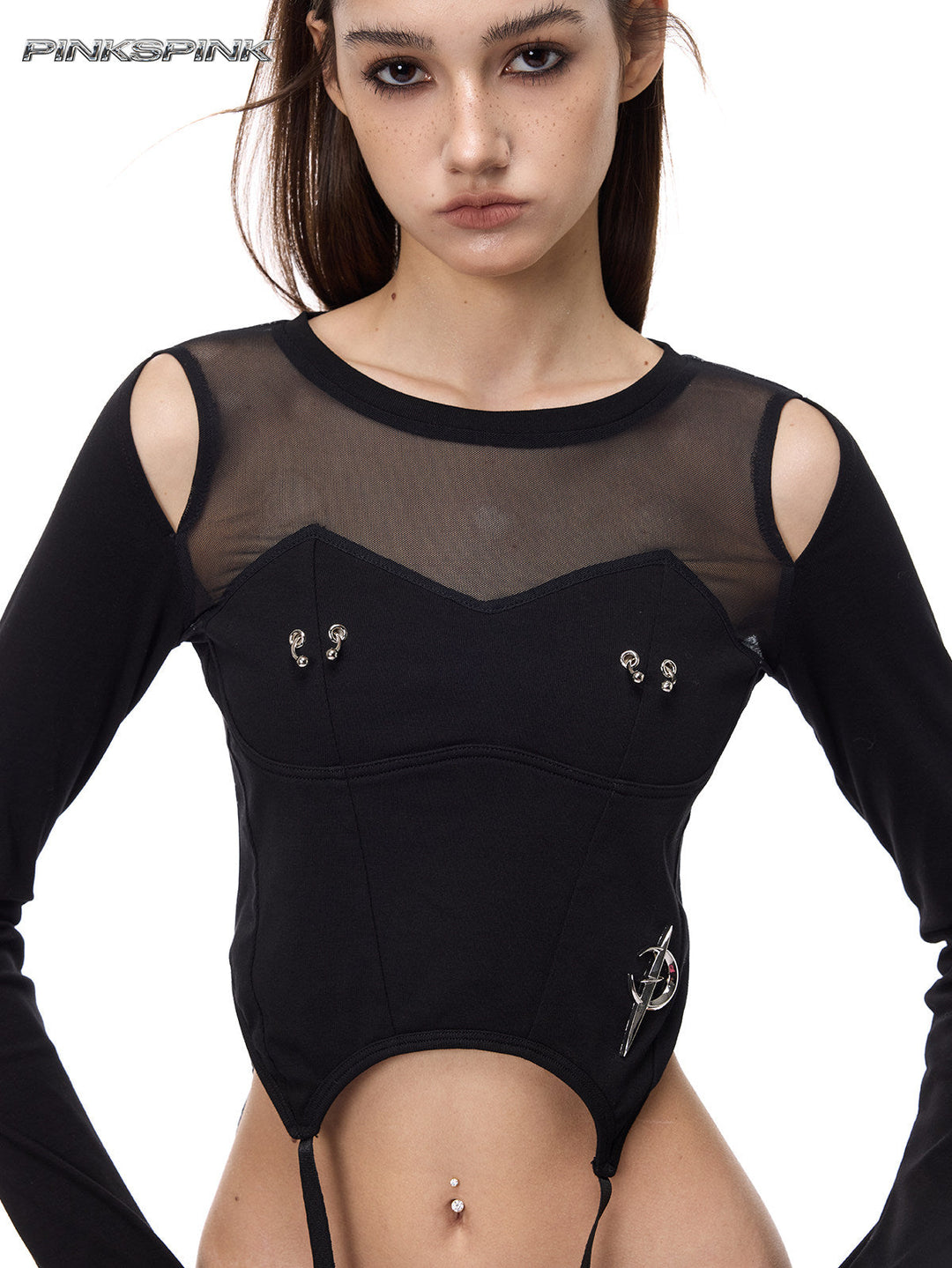 PINKSPINK ELECTRIC MOON reconstructed mesh tee — front close modeled view of the mesh neckline and metal chest details
