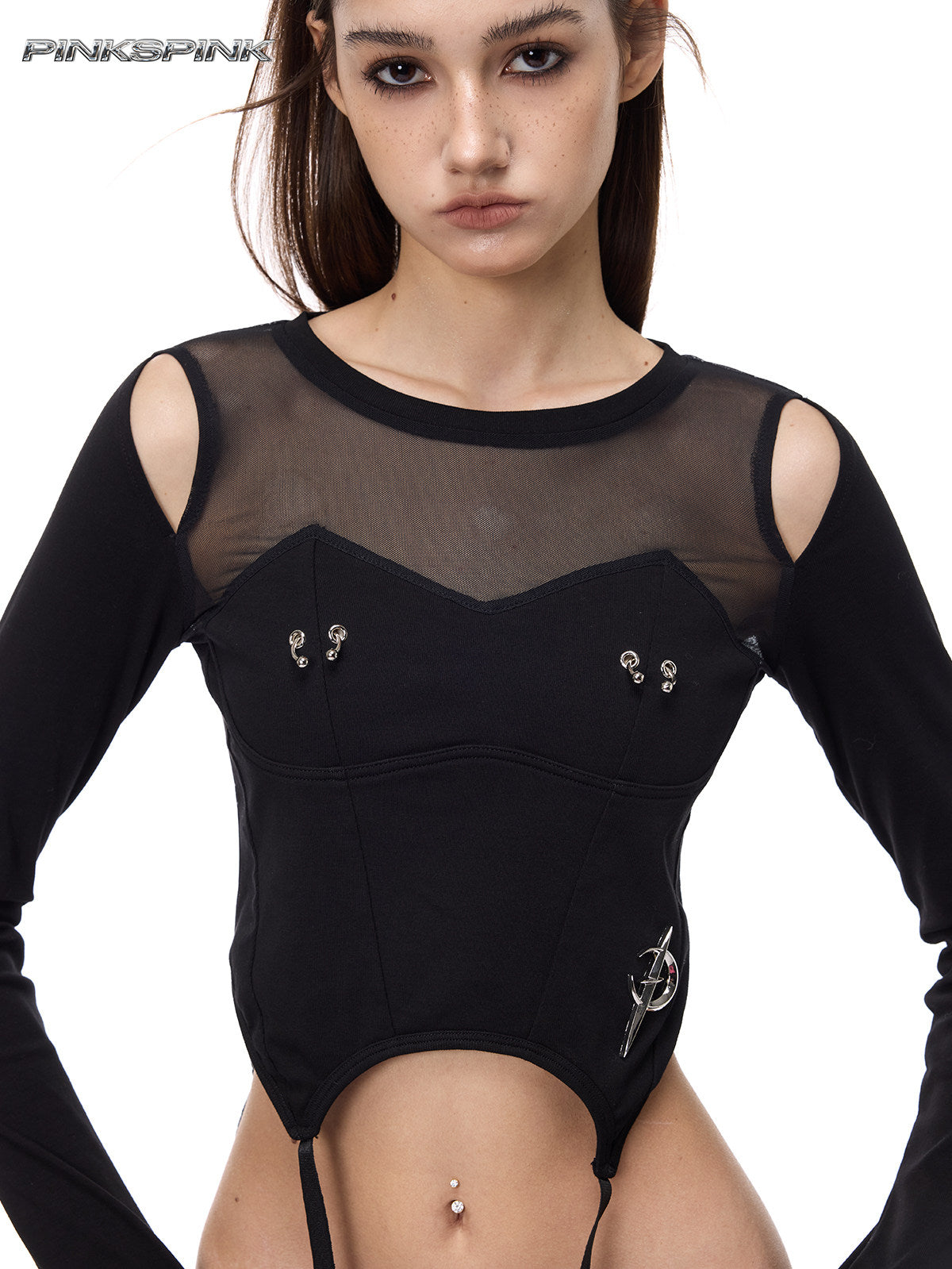 PINKSPINK ELECTRIC MOON reconstructed mesh tee — front close modeled view of the mesh neckline and metal chest details