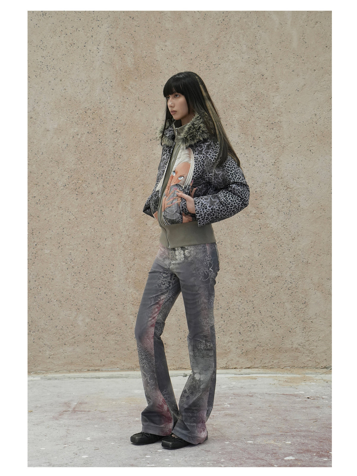 4RE1GN NAILS DONE leopard graphic down jacket in gray multicolor — full-length side modeled view with the hood down