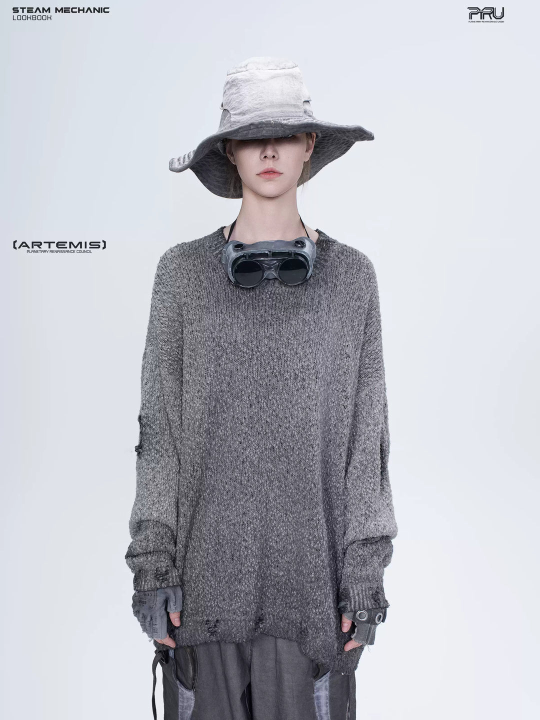 ARTEMIS distressed reversible knit sweater, moon dust gray, front portrait showing dropped shoulders