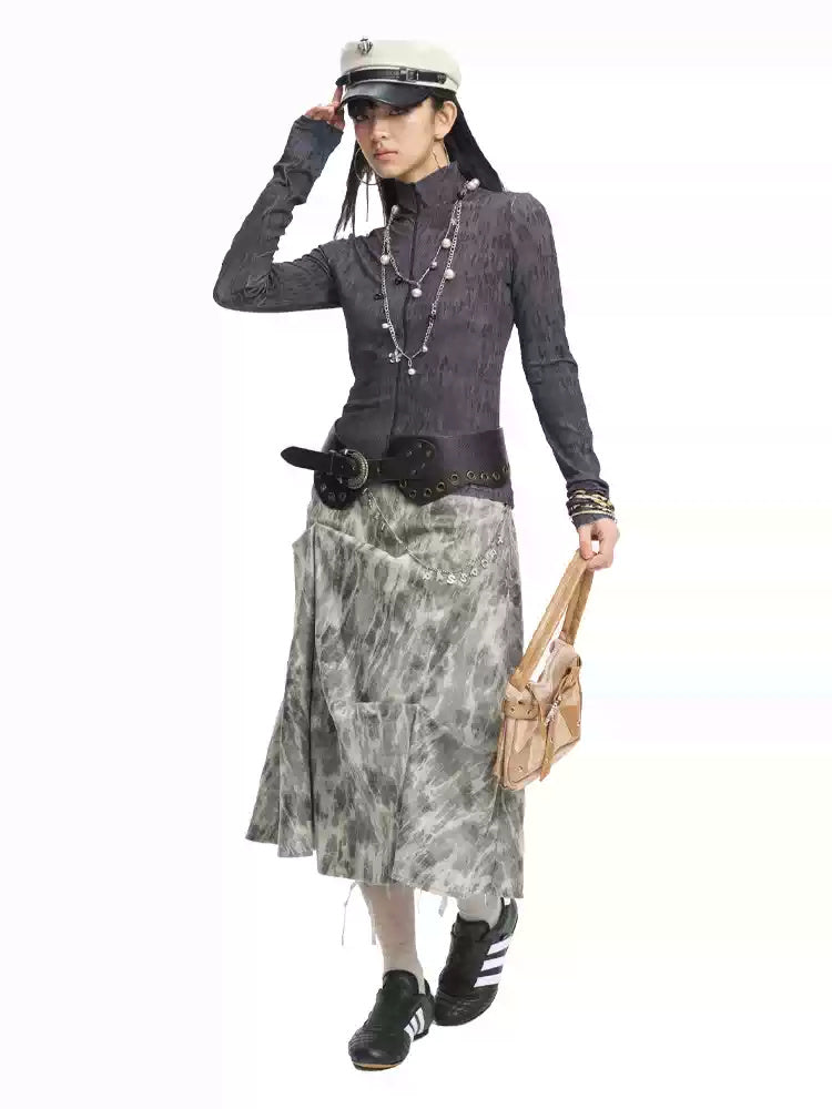 NEXT PASSPORT dark gray fitted mock-neck long-sleeve tee full styling view.