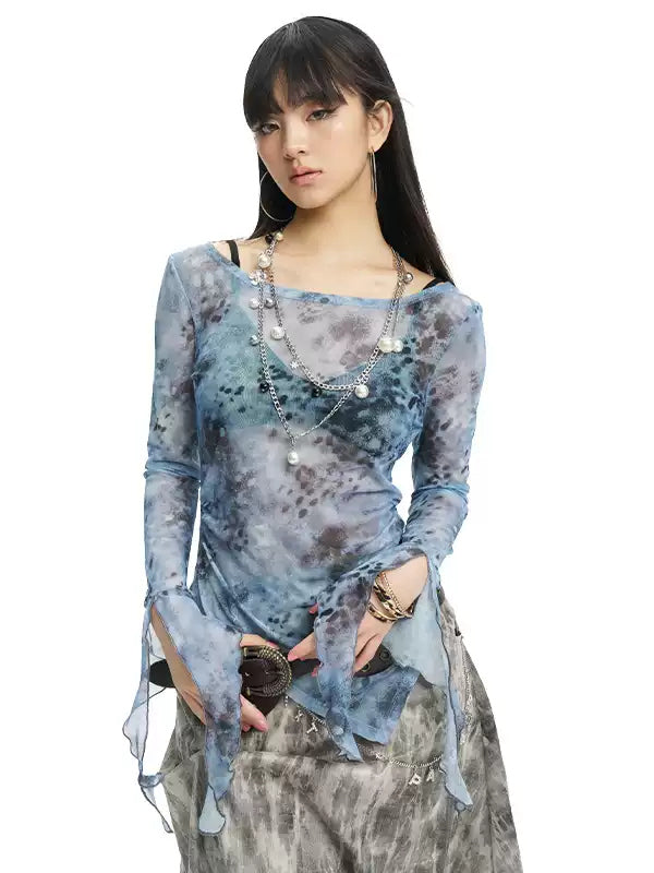 NEXT PASSPORT blue-gray printed mesh asymmetric long-sleeve top, photo 3