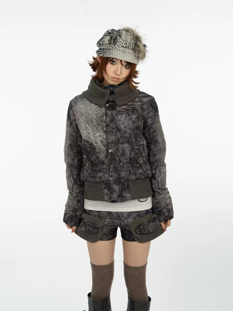 4RE1GN MYSTIC STAR knit-collar down jacket in gray multicolor — front modeled view with arms relaxed
