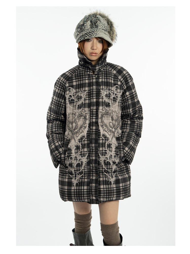 4RE1GN BEARHEART plaid long down coat in brown multicolor — front modeled view with the detachable furry collar removed