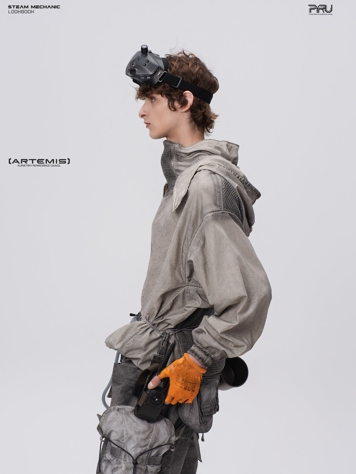 PIONEER meteorite-gray mesh hoodie, left-side modeled view showing the hood and shoulder mesh