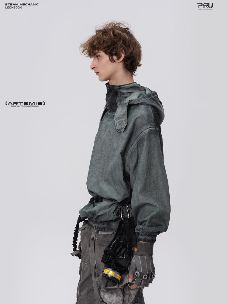 PIONEER detachable-hood mesh hoodie in moon shadow blue, left profile close view of the hood and long sleeve