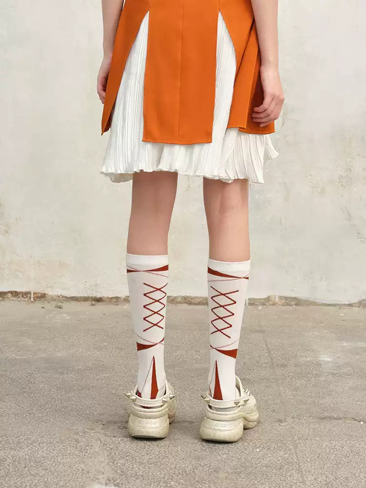 NEXT PASSPORT orange-white argyle lace-up mid-calf socks rear view