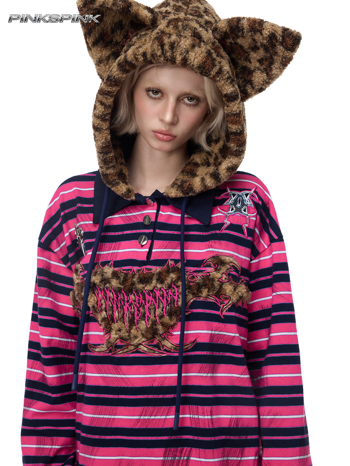 PINKSPINK CAT ALIEN leopard-ear striped hoodie — close front modeled view with the leopard-ear hood raised
