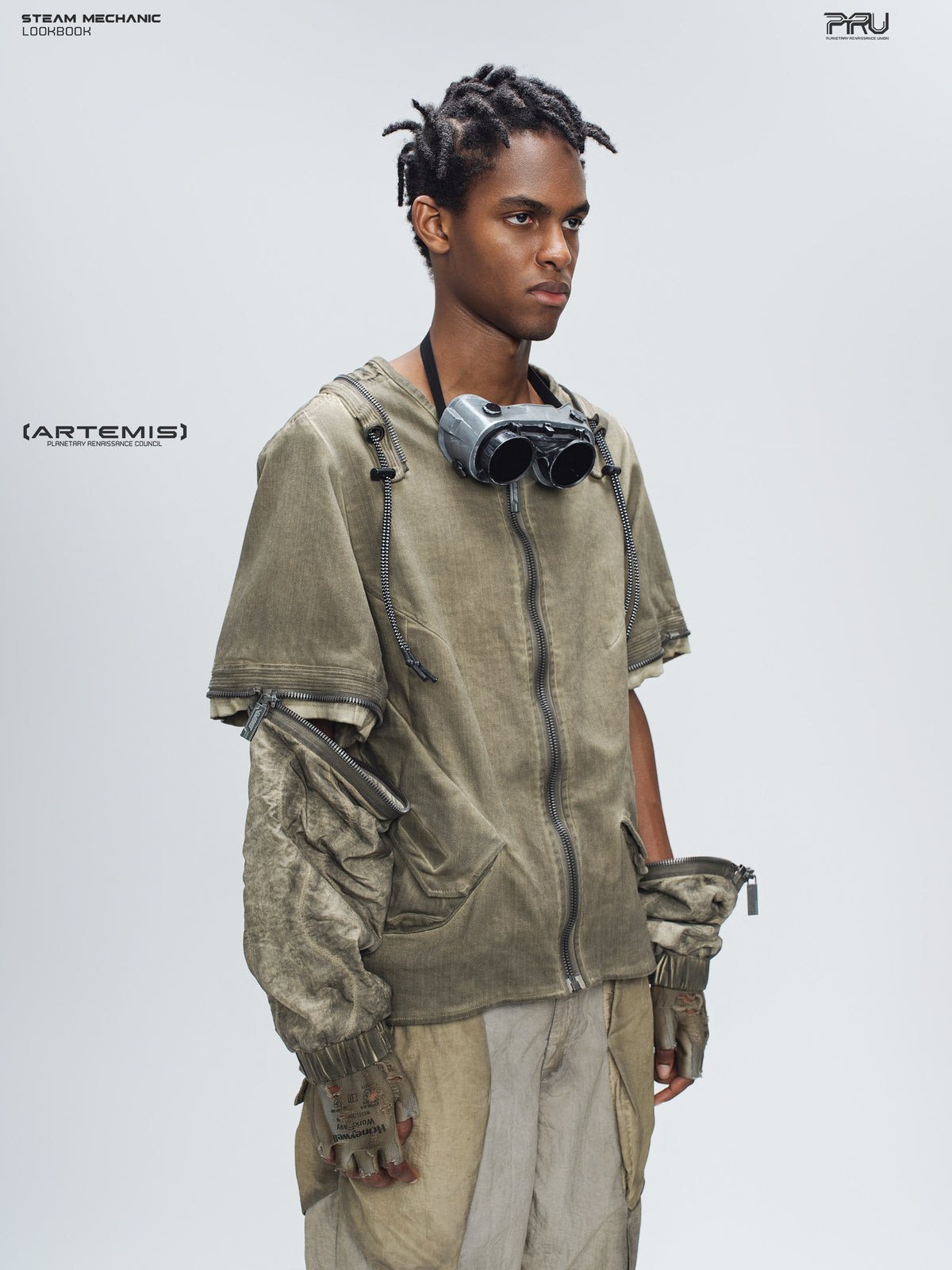 STEAM FUNCTION PIONEER mercury-brown detachable-sleeve jacket, angled close-up showing detachable sleeve zippers