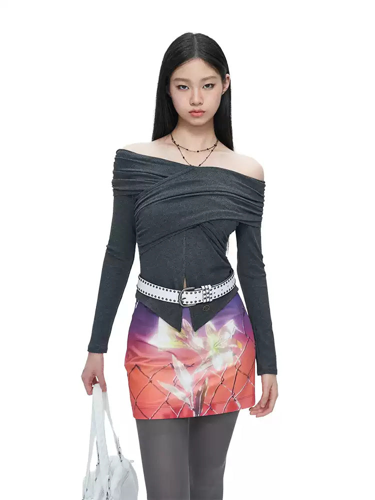 NEXT PASSPORT surreal floral-print mini skort, LILIES IN WIRE front detail