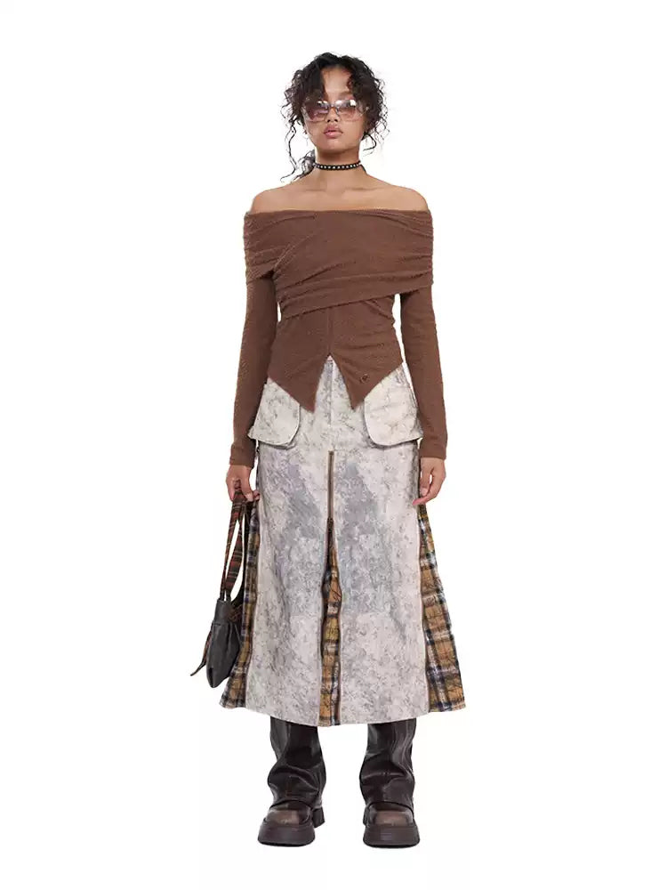 NEXT PASSPORT dark-brown twisted off-shoulder long-sleeve tee, full-length front studio styling