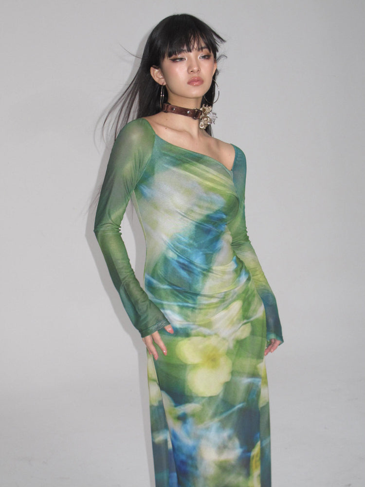 NEXT PASSPORT water-flower print mesh long-sleeve dress — gray studio view