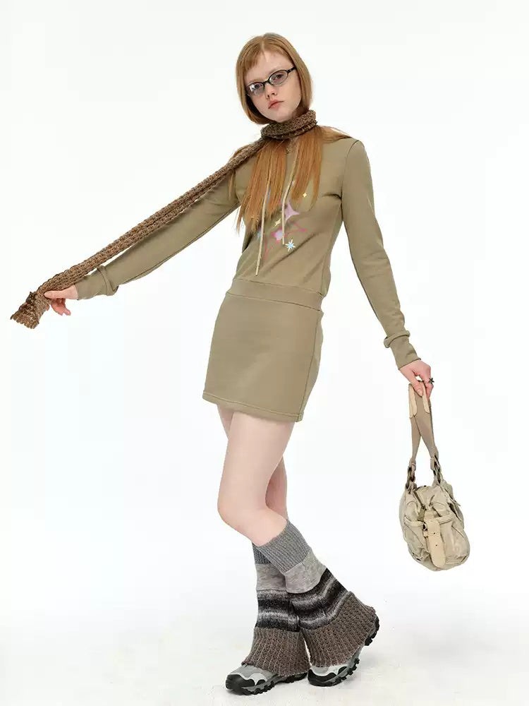 NEXT PASSPORT khaki-green star-print hooded sweatshirt dress, full-length side studio view