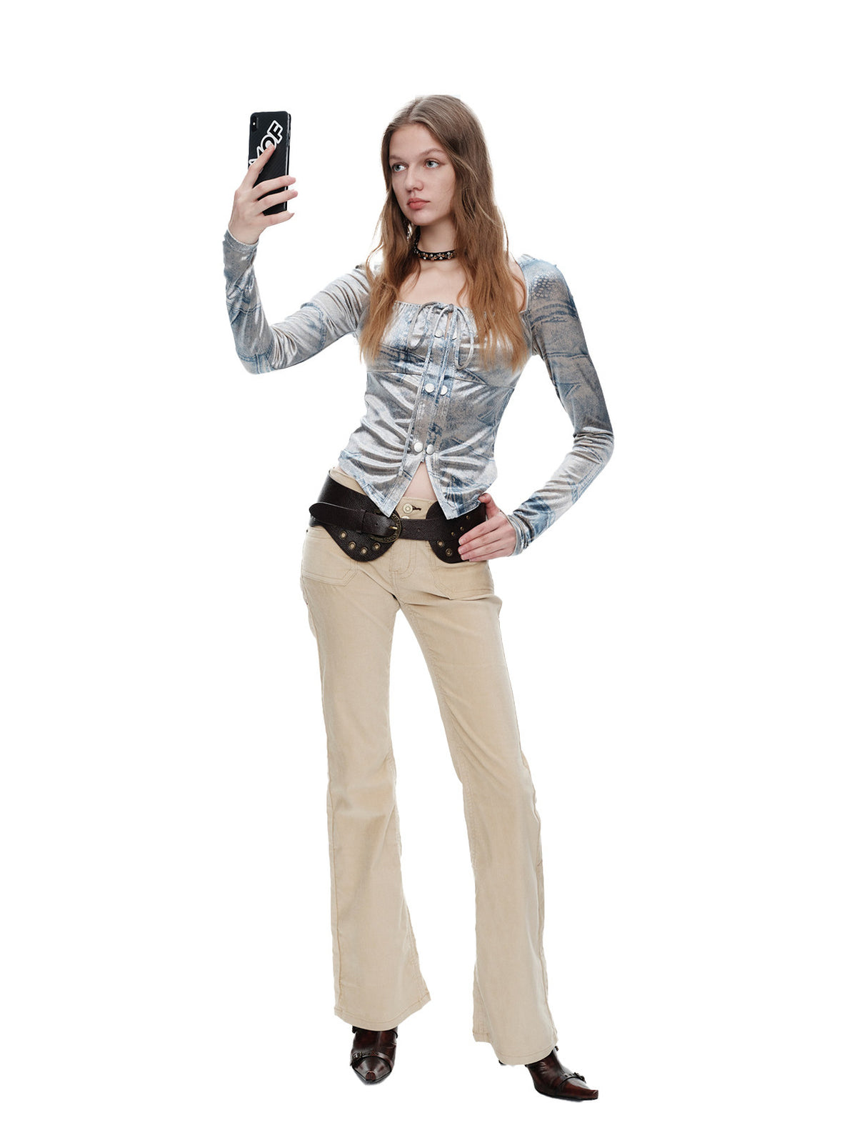 NEXT PASSPORT faux-denim velvet top and midi skirt front look