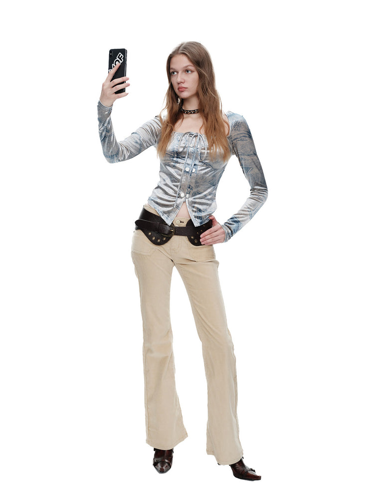 NEXT PASSPORT faux-denim velvet top and midi skirt front look