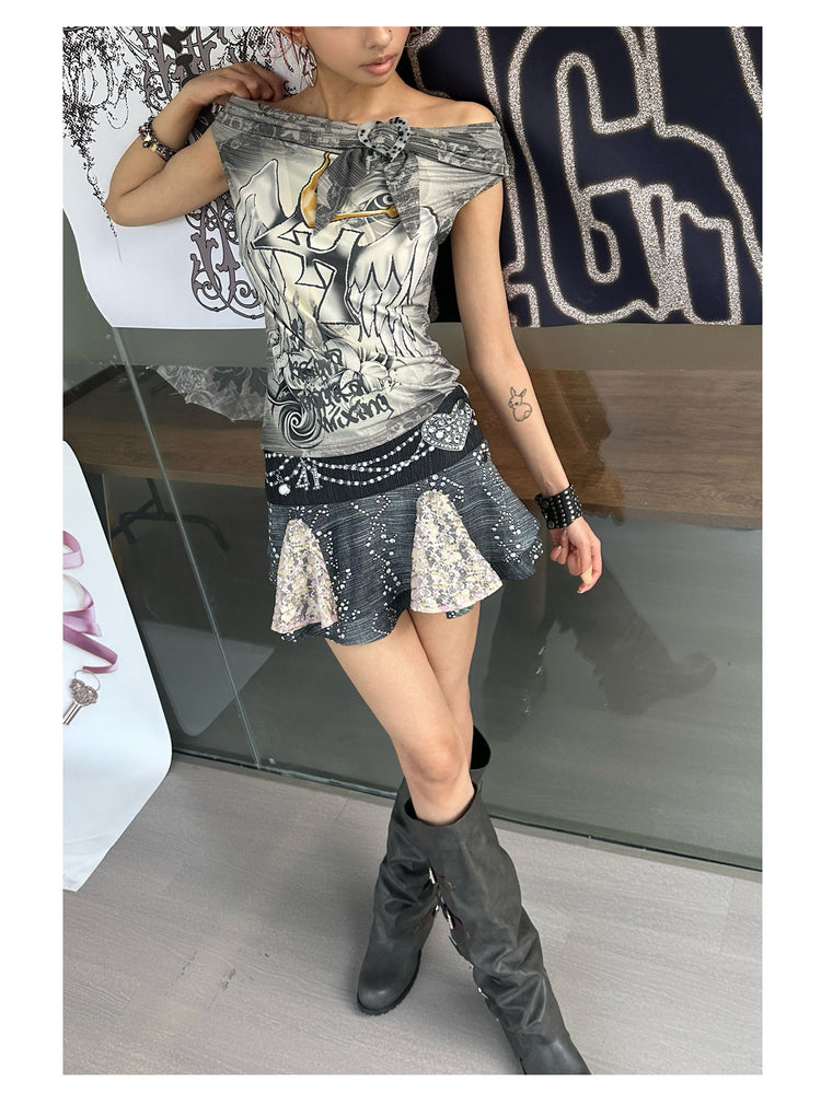4RE1GN JEWEL denim-print lace mini skirt in black multicolor — angled modeled view showing the printed waistband and lace panels
